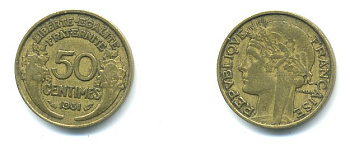 ФРАНЦИЯ 50 САНТИМОВ 1931 ТИП MORLON KM 894.1, LE FRANC 192.4 алюминиевая бронза 23-523