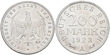 Германия 200 марок 1923 A KM 35, J. 304, Weege 22 алюминий UNC 4586-316