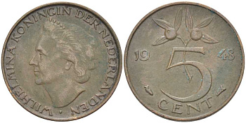 НИДЕРЛАНДЫ 5 ЦЕНТОВ 1948 ВИЛЬГЕЛЬМИНА (1890-1948) KM 176 бронза 213-1011