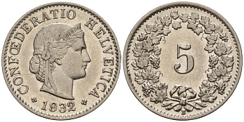 Швейцария 5 раппенов 1932 B KM 26 медно-никель 4189-323