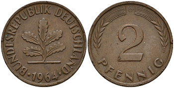 ФРГ 2 пфеннига 1964 D J.381  KM 106 бронза    4598-734