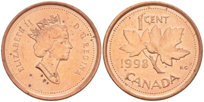 КАНАДА 1 ЦЕНТ 1998 КЛЕНОВЫЙ ЛИСТ, ЕЛИЗАВЕТА II KM 289 сталь плакированная медью 112-114