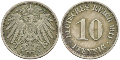 ГЕРМАНИЯ 10 ПФЕННИГОВ 1911 A KM 12, J. 13 медно-никель 31-1116