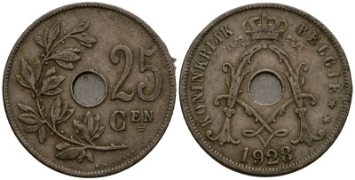 Бельгия 25 сантимов 1928 Belgie KM 69 медно-никель 4131-813