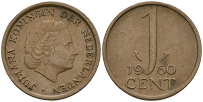Нидерланды 1 цент 1960 Юлиана (1949-1980) KM 180 бронза 4608-1018