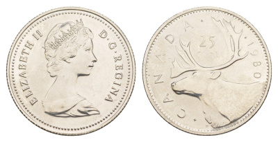 Канада 25 центов 1980 Елизавета II (1952-2022), олень KM 74 никель PROOF-LIKE (BU) 4638-525