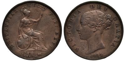Великобритания 1 пенни 1854 Виктория (1837-1901) KM 739, Spink 3948 медь 1523-1245