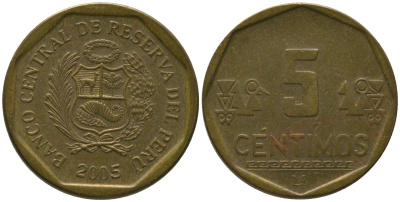 Перу 5 сентимо 2005 LIMA KM 304.4, Schon 103 латунь 4532-1237