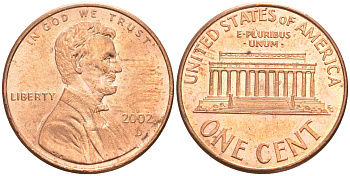 США 1 ЦЕНТ 2002 D ЛИНКОЛЬН KM 201b цинк плакированный медью UNC 187-747