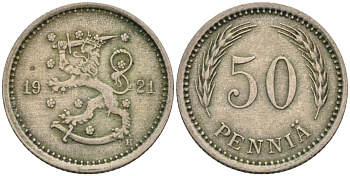 Финляндия 50 пенни 1921 Н KM 26 медно-никель 192-617