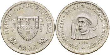 ПОРТУГАЛИЯ 5 ЭСКУДО 1960 500 ЛЕТ СО ДНЯ СМЕРТИ ПРИНЦА ГЕНРИ НАВИГАТОРА KM 587 серебро 1521-1233