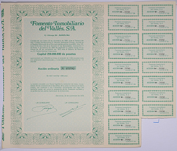 Испания акция на 1000 песет 1973 Fomento Inmobiliario del Valles, S.A., Барселона 1973, с купонами бумага 5548-38-1-2