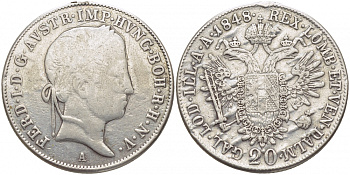Австрия 20 крейцеров 1848 А, Фердинанд I, (1835-1848),  с подвески KM 2208 серебро    3896-1134