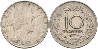 Австрия 10 грошей 1925 ЖЕНЩИНА В ТИРОЛЬСКОЙ ШЛЯПКЕ KM 2838 медно-никель 4571-241