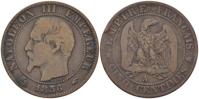 ФРАНЦИЯ 5 САНТИМОВ 1856 А, НАПОЛЕОН III (1852-1870) KM 777.1, LA FRANC 116.30 бронза 28-646