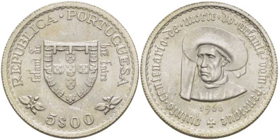 ПОРТУГАЛИЯ 5 ЭСКУДО 1960 500 ЛЕТ СО ДНЯ СМЕРТИ ПРИНЦА ГЕНРИ НАВИГАТОРА KM 587 серебро 1521-1233