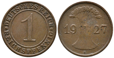 ГЕРМАНИЯ 1 РЕЙХСПФЕННИГ 1927 E KM 37, J. 313 бронза 39-949