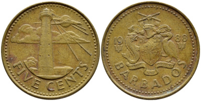 Барбадос 5 центов 1988 маяк Саут-Пойнт KM 11 латунь 4398-537