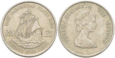 Восточно-Карибские штаты 25 центов 1987 Елизавета II (1952-2022), парусник KM 14 медно-никель 217-1021
