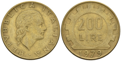 Италия 200 лир 1979 R, шестерня KM 105 алюминиевая бронза 85-154