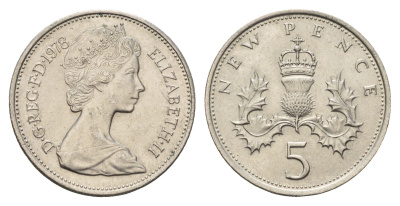 Великобритания 5 пенсов 1978 Елизавета II (1952-2022) KM 911, Spink 4233 (D1) медно-никель 4635-223