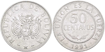 Боливия 50 сентаво 1991 KM 204 нержавеющая сталь 4512-1012
