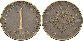 Австрия 1 шиллинг 1972 KM 2886 алюминиевая бронза 4592-1015