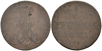 Ганновер 1 пфенниг 1839 S, Эрнст Август (1837-1851) KM 173.3, AKS 128, J. 54 медь 75-1257