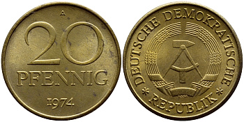 ГДР 20 пфеннигов 1974 А KM 11 латунь UNC 54-2626