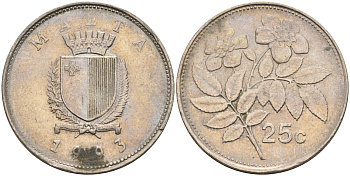 Мальта 25 центов 1993 шиповник вечнозелёный KM 97 медно-никель 3336-112