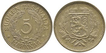 ФИНЛЯНДИЯ 5 МАРОК 1950 Н KM 31а латунь 34-115