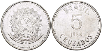 Бразилия 5 крузадо 1988 реформа 1986-1989 KM 606 нержавеющая сталь 119-114