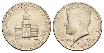 США 1/2 доллара (50 центов) 1976 D, 200 лет независимости, Джон Кеннеди KM 205 медь плакированная медно-никелем aUNC 4545-1114
