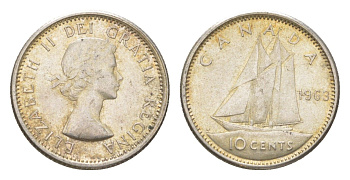 Канада 10 центов 1963 Елизавета II (1952-2022), парусник KM 51 серебро 4623-932