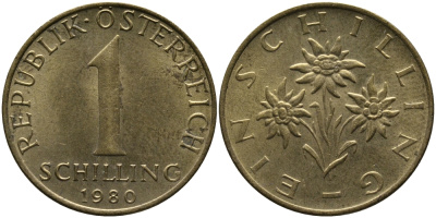 Австрия 1 шиллинг 1980 KM 2886 алюминиевая бронза 33-526