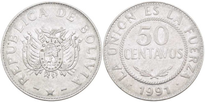 Боливия 50 сентаво 1991 KM 204 нержавеющая сталь 4512-1012