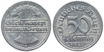 Германия 50 пфеннигов 1920 D KM 27, J. 301, Weege 10 алюминий 4119-523