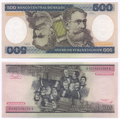 БРАЗИЛИЯ 500 КРУЗЕЙРО 1985 ПОДПИСЬ 21, ДЕОДОРУ ДА ФОНСЕКА ПЕРВЫЙ ПРЕЗИДЕНТ БРАЗИЛИИ Pick 200b бумага UNC (ПРЕСС) 7457-12-2