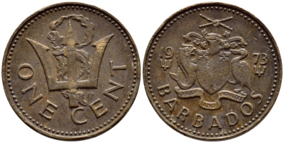 Барбадос 1 цент 1973 сломанный трезубец Британии KM 10 бронза 4396-1252
