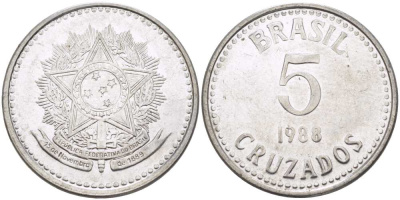 Бразилия 5 крузадо 1988 реформа 1986-1989 KM 606 нержавеющая сталь 119-114
