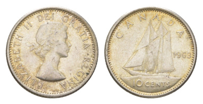Канада 10 центов 1963 Елизавета II (1952-2022), парусник KM 51 серебро 4623-932