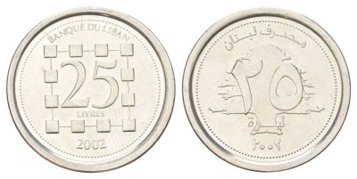 Ливан 25 ливров 2002 KM 40 сталь плакированная никелем UNC 4617-933