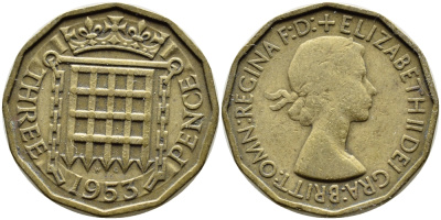 Великобритания 3 пенса 1953 Елизавета II (1952-2022) KM 886, Spink 4152 никель латунь 4390-213