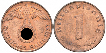 ГЕРМАНИЯ 1 РЕЙХСПФЕННИГ 1937 D J 361, KM 89 бронза aUNC 73-254