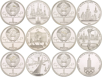 СССР набор из 6 монет по 1 рублю 1977-1980 Олимпиада 80, полный комплект (эмблема, Кремль, спутник, МГУ, факел, Долгорукий), в запайках KM 144, 153.1, 164, 165, 177, 178 медь никель цинк UNC 00-00