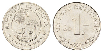Боливия 1 песо 1980 KM 192 сталь плакированная никелем UNC 4662-524