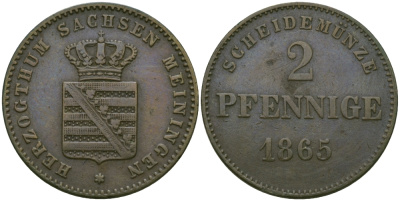 Саксен-Мейнинген 2 пфеннига 1865 Бернгард II (1803-1866) KM 171 медь 99-649