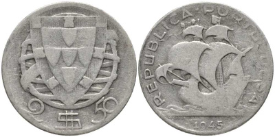 Португалия 2,50 эскудо 1945 парусник КМ 580 серебро 202-411