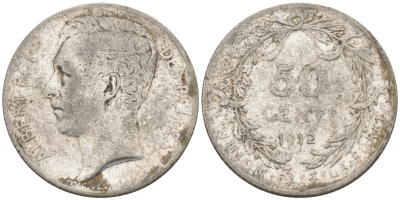 Бельгия 50 сантимов 1912 Belges, Альберт I KM 70 серебро 187-864