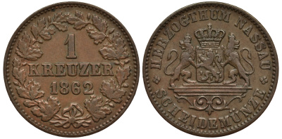 Нассау 1 крейцер 1862 Герцог Адольф (1839-1866) KM 54 медь 4513-125